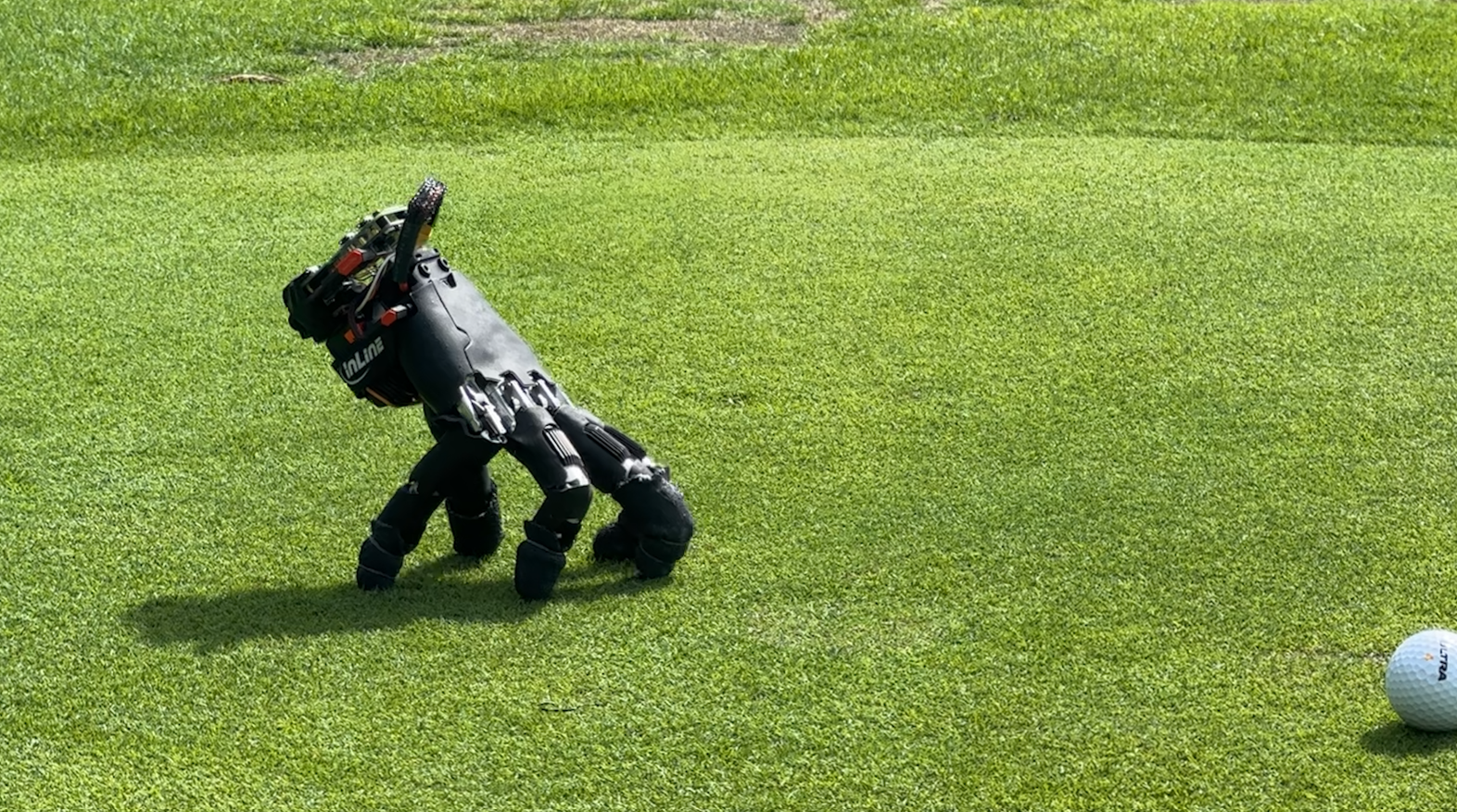 The robotic hand crawling across a grassy golf green.